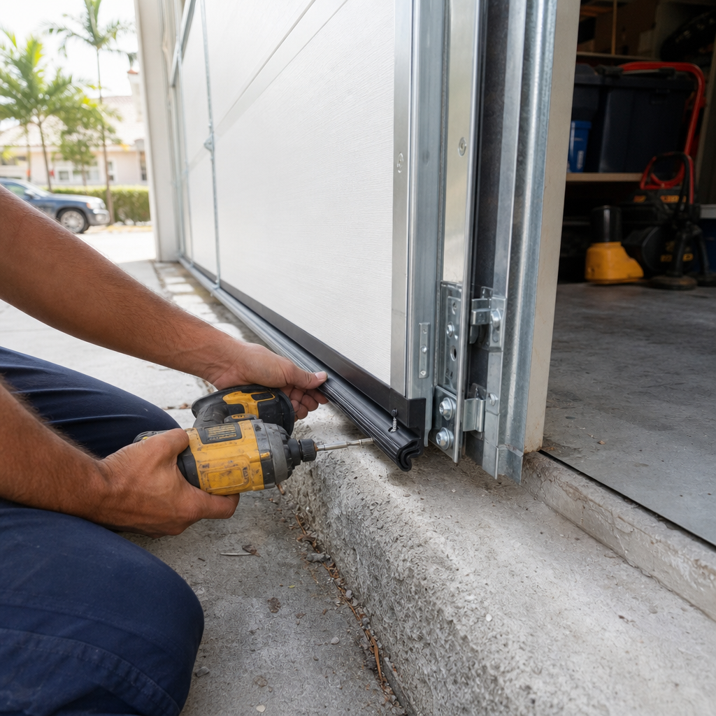 Garage door installation of bottom seal with power drill