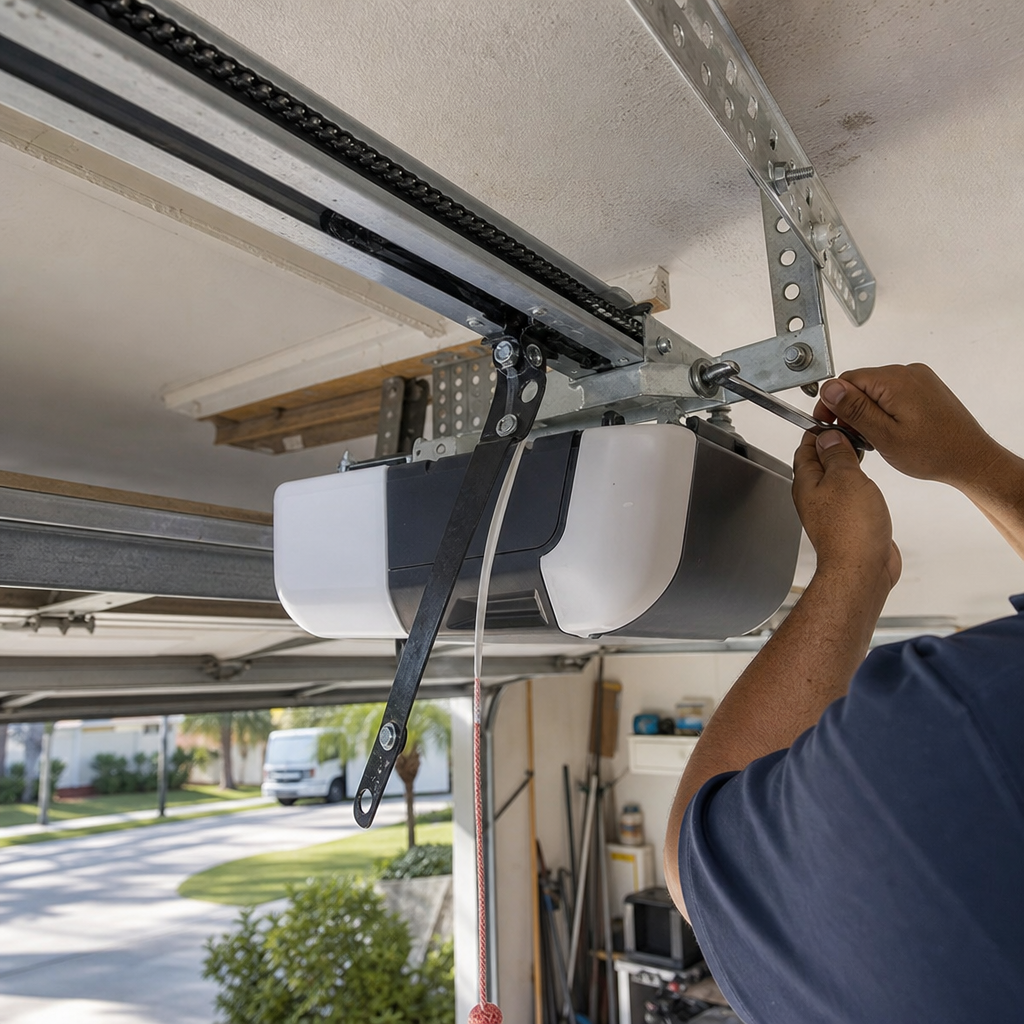Professional installing and repairing a garage door opener motor