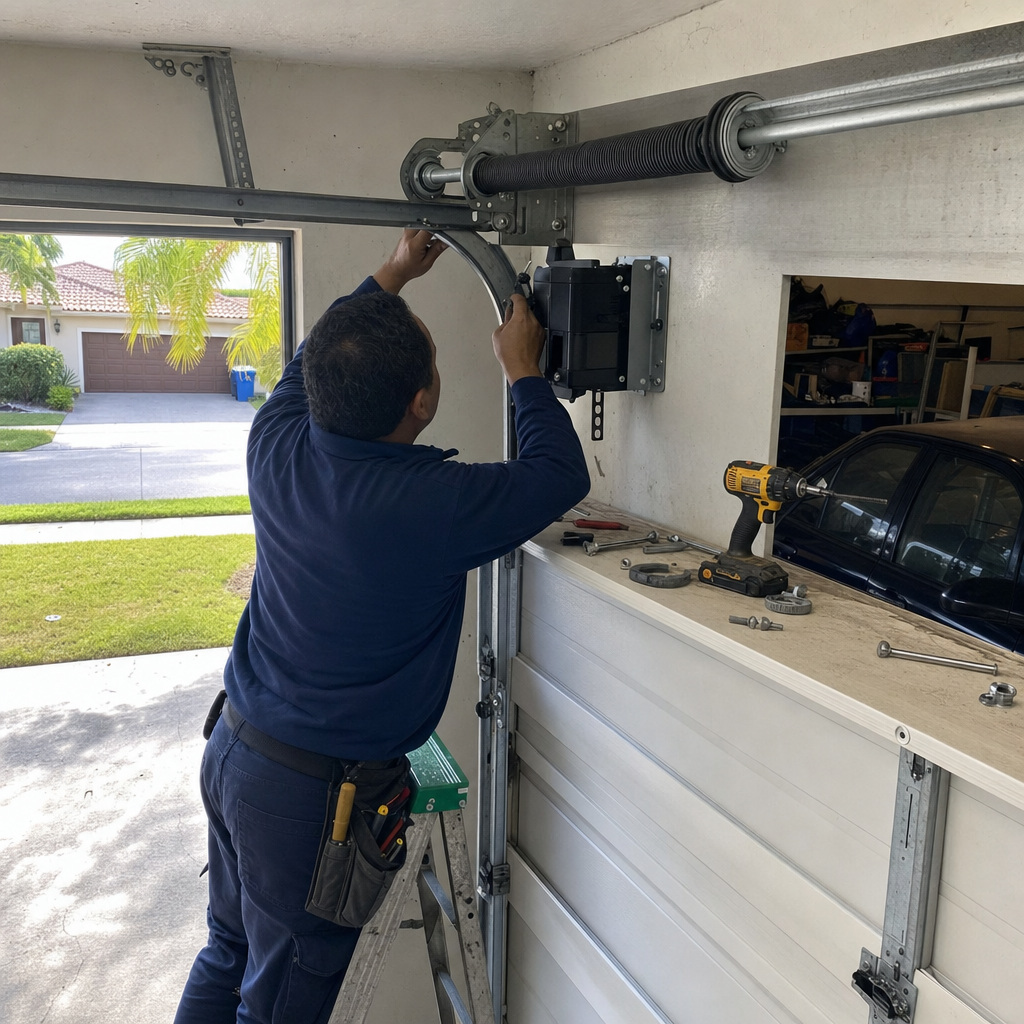 Technician installs garage door opener with tools and ladder