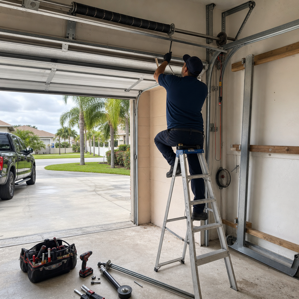 Garage door technician performing emergency garage door service in Delray Beach, FL