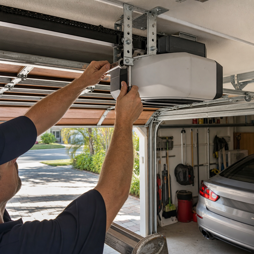 Technician tightening bolt on garage door opener mechanism