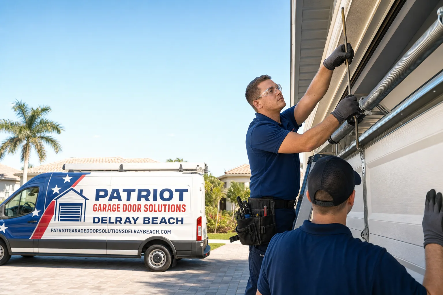 Patriot Garage Door Solutions Delray Beach service vehicle and crew in Delray Beach, FL